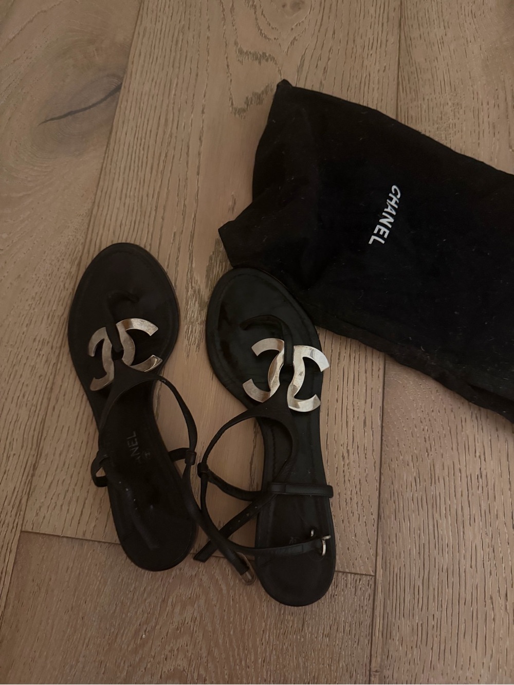 CHANEL Black Leather Sandals with Silver CC Logos